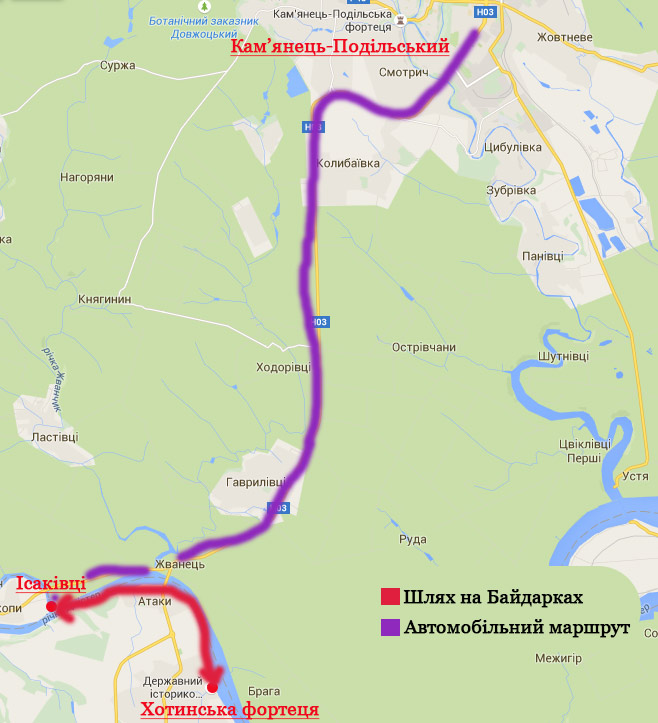 Карта маршруту на байдарках по Дністру